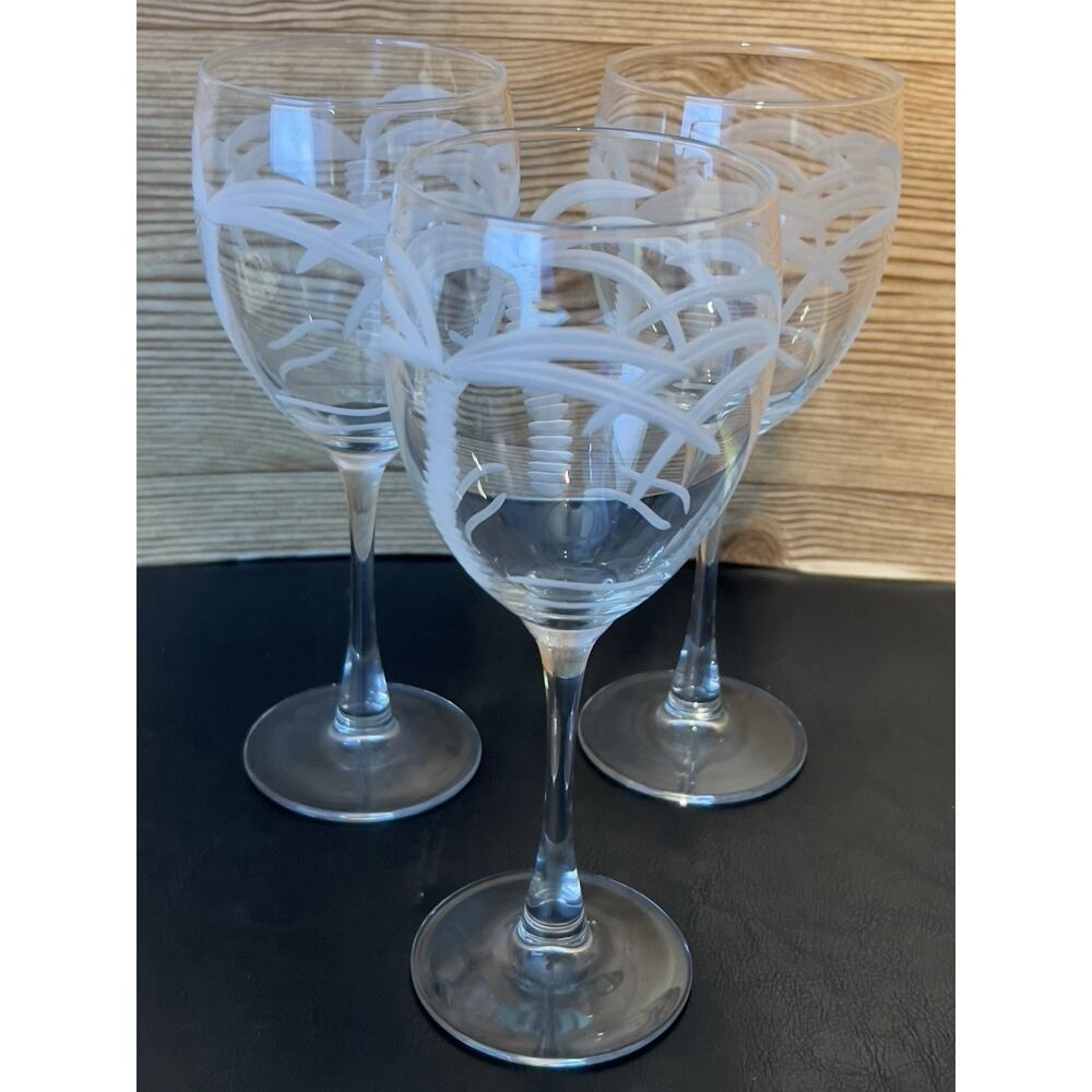 3 Rolf Retired Rolf Glass Palm Tree Etched Wine Glasses 8”